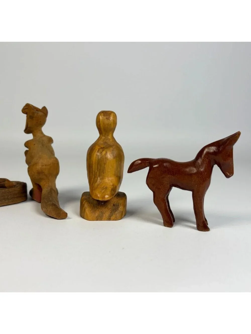 Lot of 4 Hand Carved Wooden Animal Figurines Beaver Horse Kangaroo Bird Rustic
